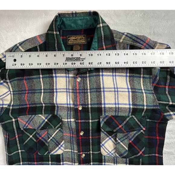 Eddie Bauer Mens Small Flannel Plaid Shirt Green Button Up Wool Blend Pockets - Picture 5 of 9